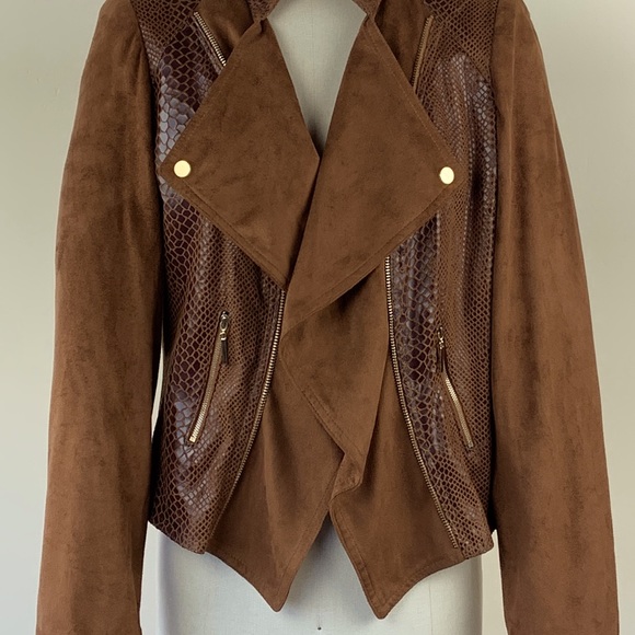 Extenzo Paris NWOT Vegan Faux Brown Suede Exotic Leather Jacket French Fashion - Picture 3 of 12